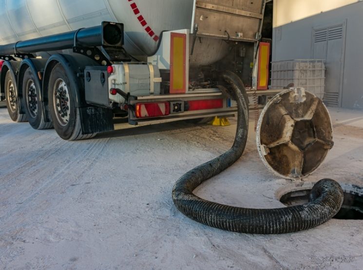 caminhão tanque carregando pelo sistema de bottom loading
